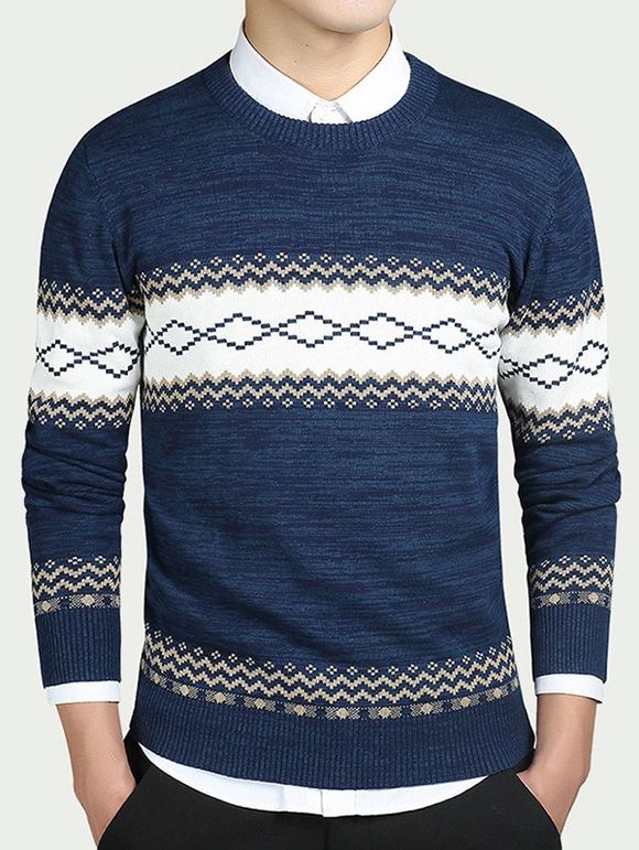 Sweater à col rond à motifs géométriques à manches longues - Bleu profond M
