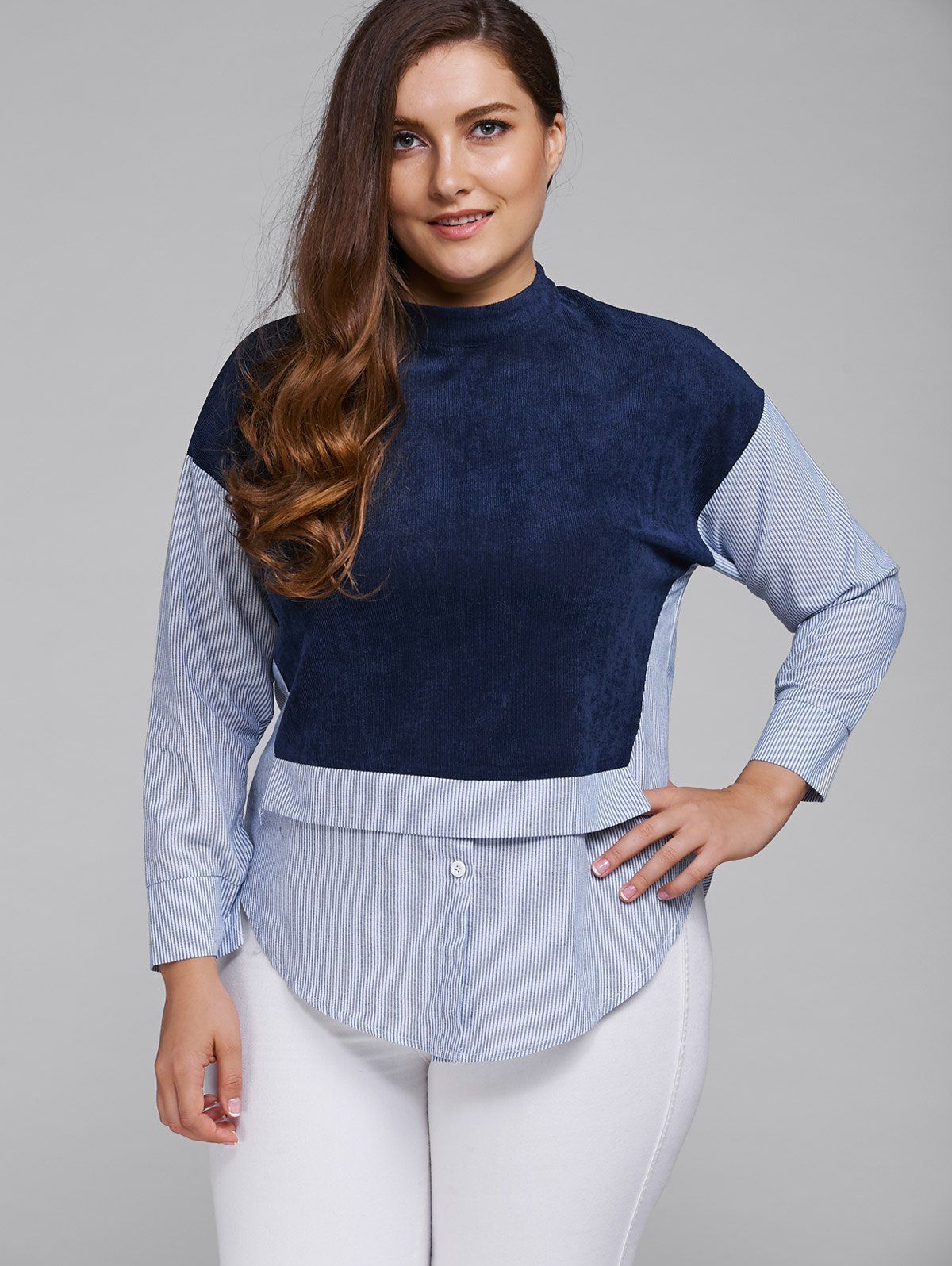 

Plus Size Pinstripe Color Block Shirt, Deep blue