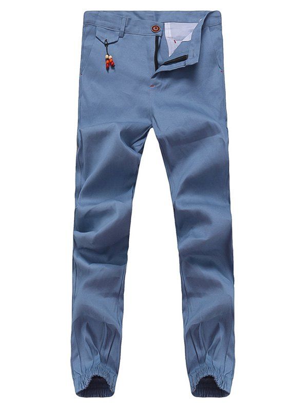 

Zipper Fly Beam Feet Beading Embellished Jogger Pants, Light blue