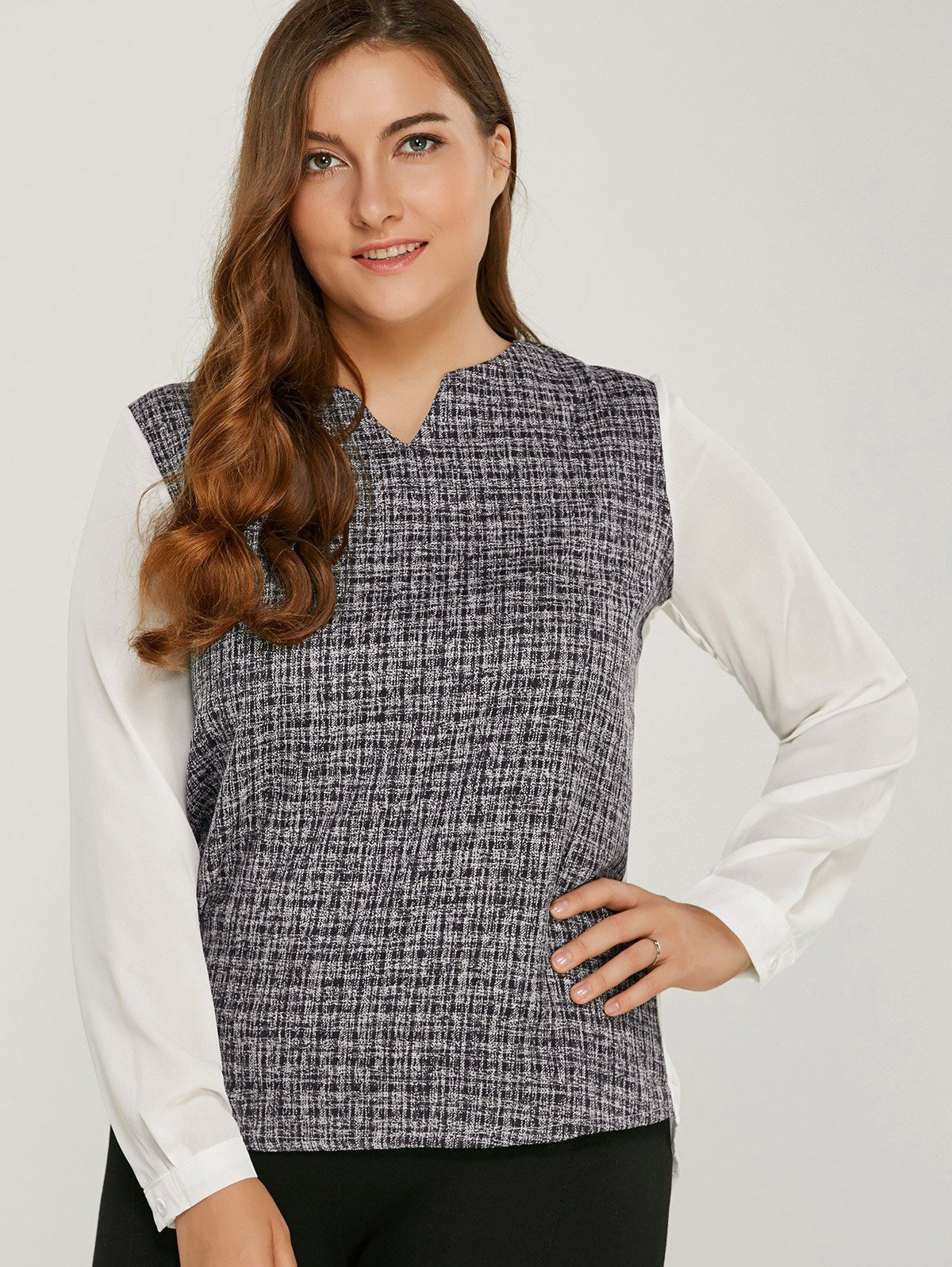 

Long Sleeve Plaided Splicing Blouse, White
