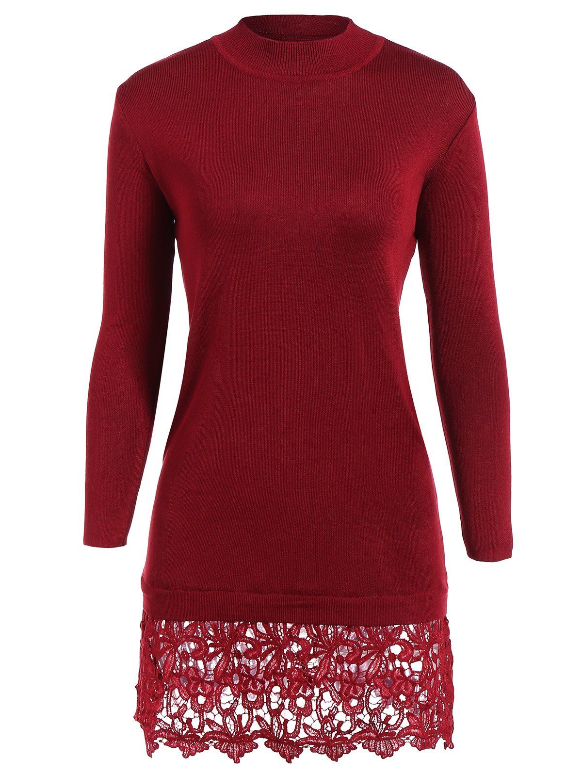[17% OFF] 2021 Lacework Splicing Long Sleeve Sweater Dress In WINE RED ...