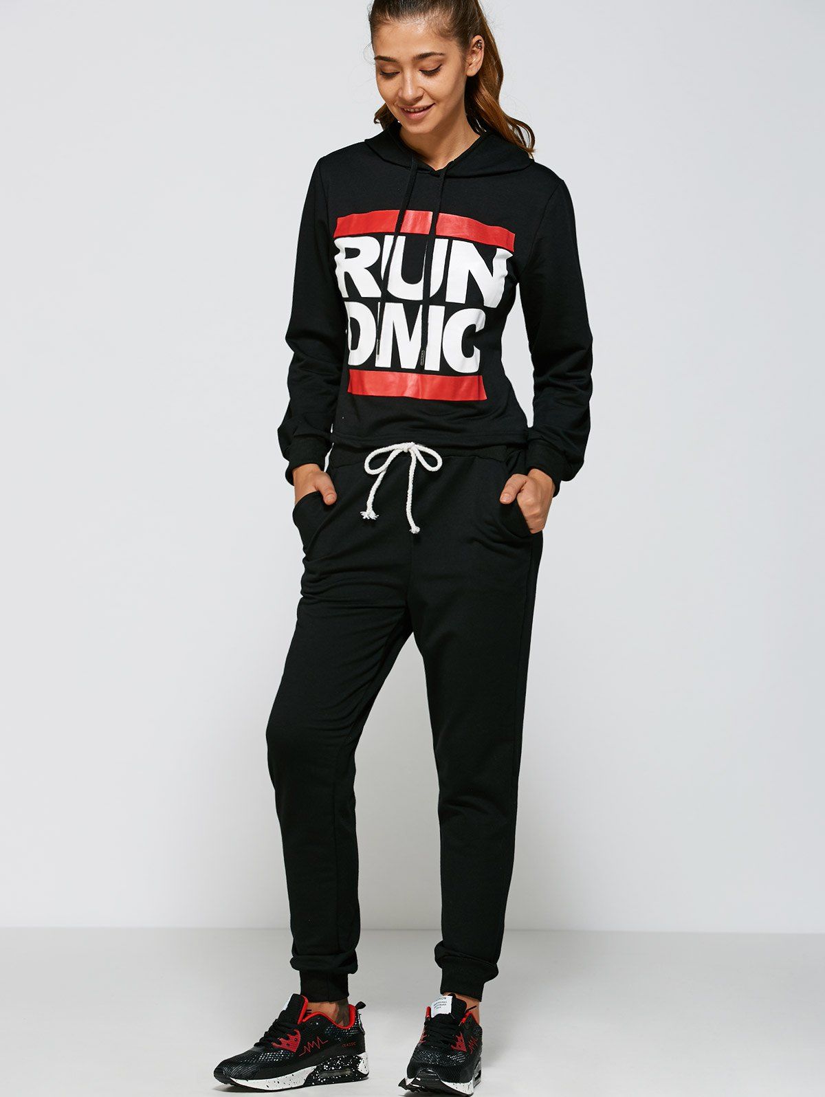 

Casual Run Dmc Pattern Hoodie and Pants Twinset, Black