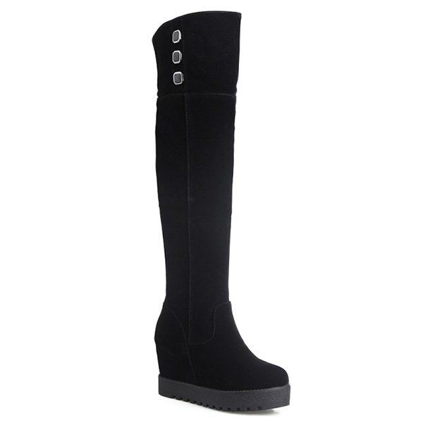 

Flock Knee-High Hidden Wedge Boots, Black