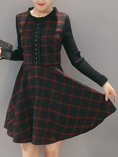 

Vintage Checked Lace Spliced A-Line Dress, Black