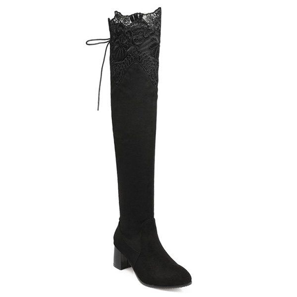 Chunky Heel Pointed Toe Lace Spliced Thigh Boots - BLACK 37