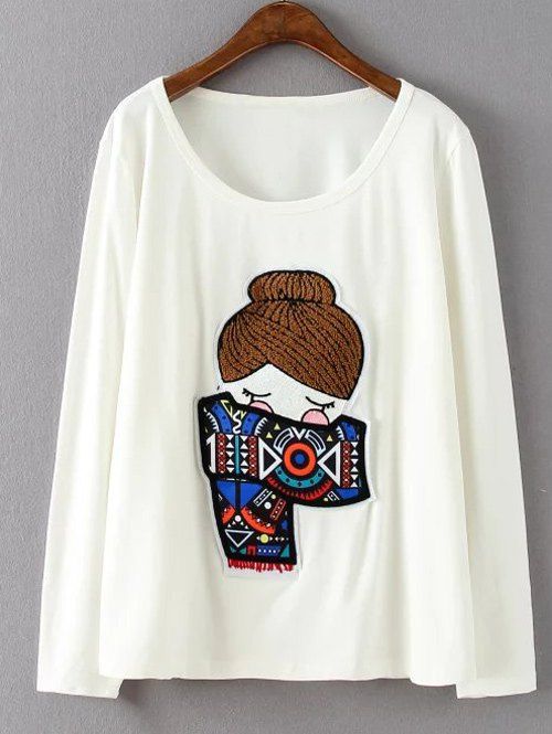 

Plus Size Long Sleeve Cartoon Print T-Shirt, White