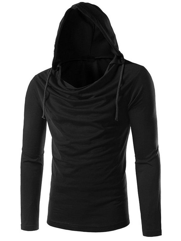 Drawstring uni à manches longues à capuche T-shirt - Noir XL