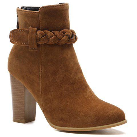 

Chunky Heel Zipper Weave Ankle Boots, Brown