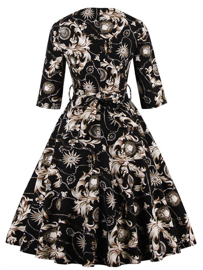 2018 Vintage High Waist Ornate Print Swing Flare Dress BLACK XL In