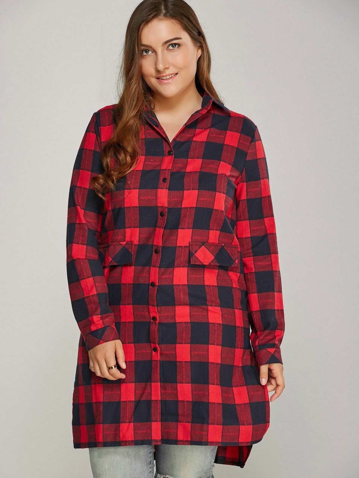 

Button Up Plaid Plus Size Shirt Dress, Red
