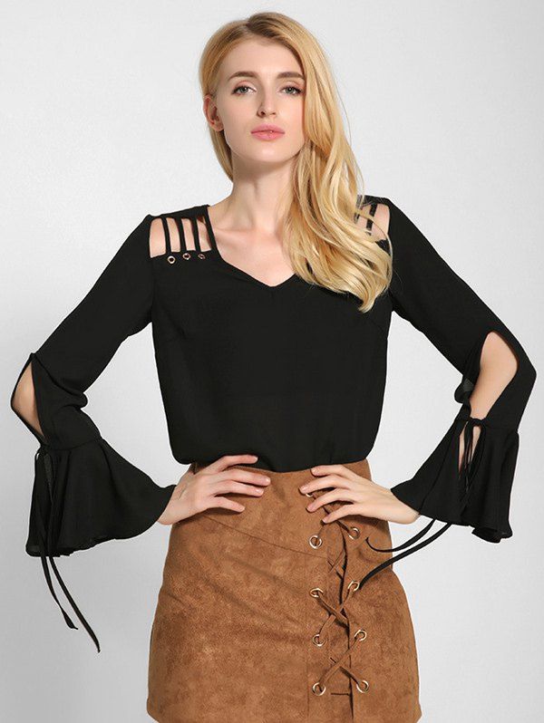 

Flare Sleeve Cut Out Loose Blouse, Black