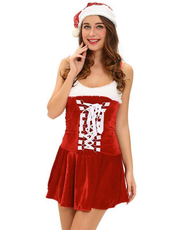 

Christmas Cosplay Costume Lace Up Velvet Cami Dress, Red