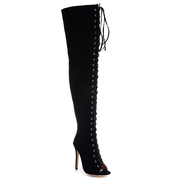 Peep Toe Lace-Up Stiletto Heel Thigh Boots - BLACK 37