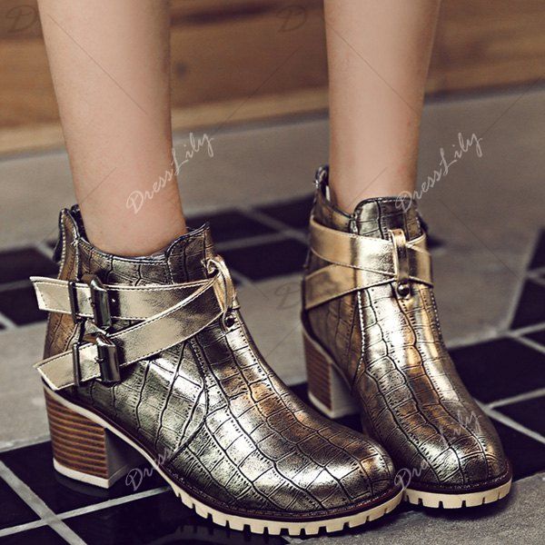 2018 Double Buckle Embossed Plaid Pattern Ankle Boots GOLDEN In Boots