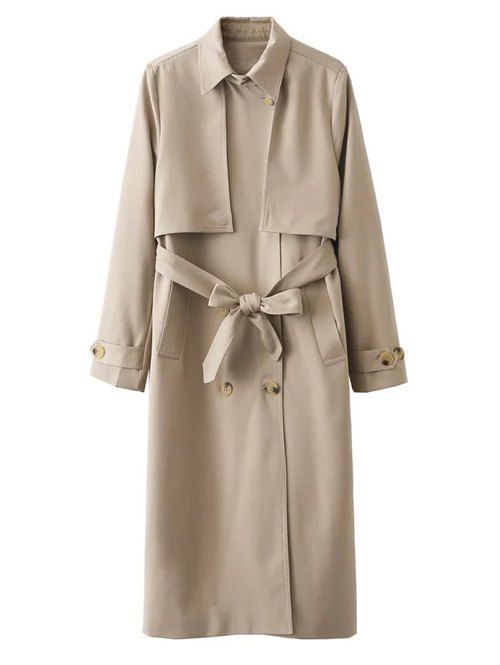 Button Up Belted Longline Trench Coat - KHAKI L