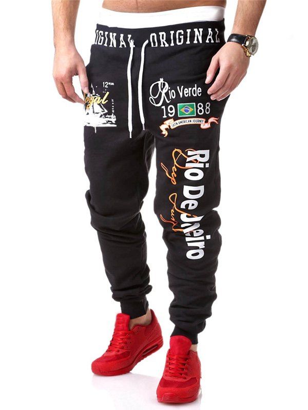 

Graphic Print Drawstring Coton Jogger Pants, Black