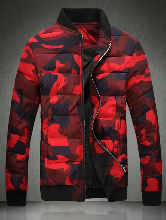 Plus Size Camouflage Support Jacket Collar Zip-Up coton matelassé - Rouge L