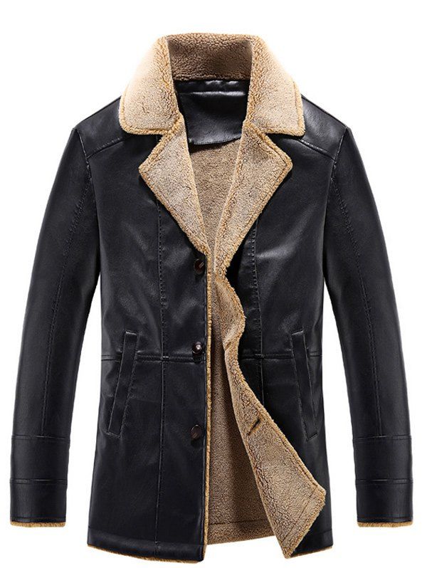 

Turn-Down Collar PU-Leather Single-Breasted Fleece Jacket, Black