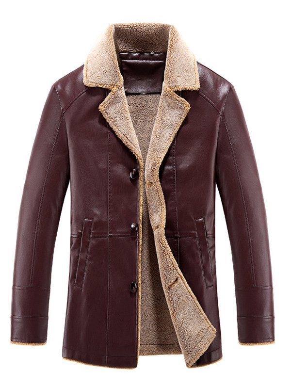 

Turn-Down Collar PU-Leather Single-Breasted Fleece Jacket, Wine red