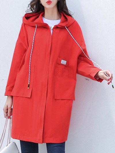 

Hooded Zip-Up Pockets Coat, Red