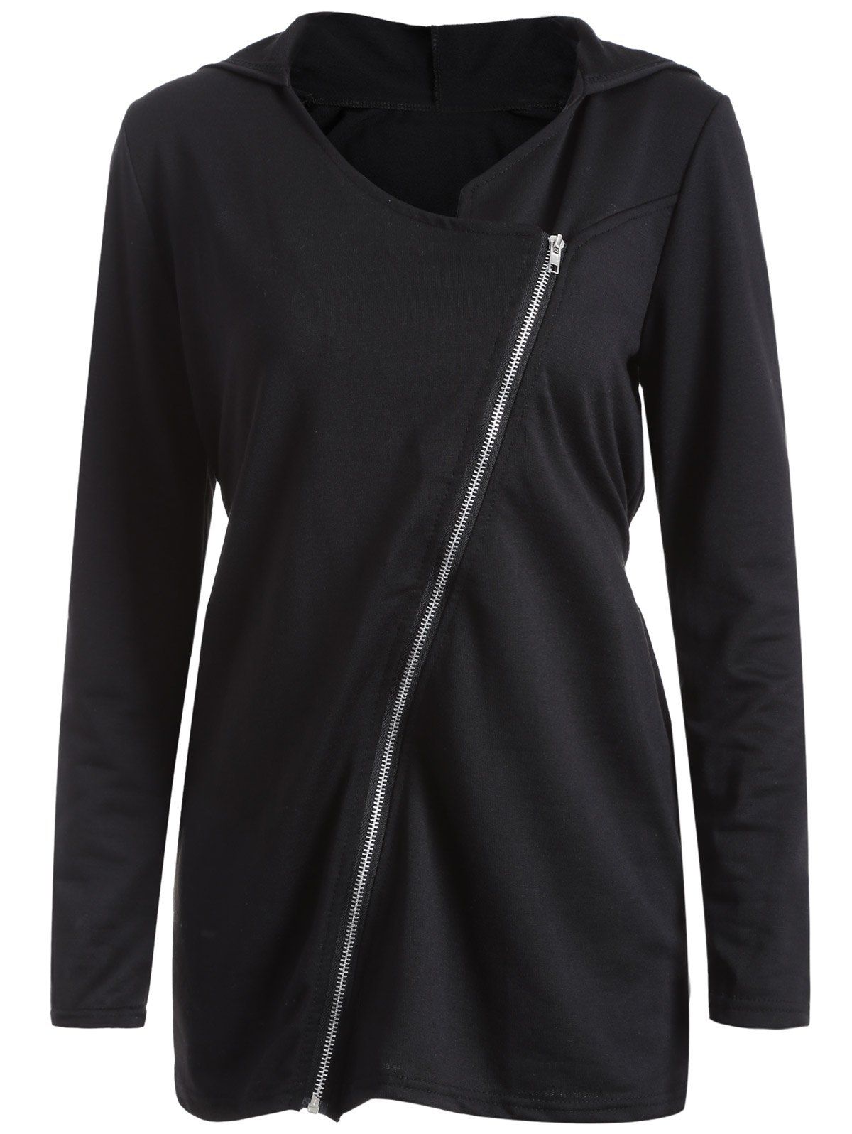 

Asymmetric Zip Up Hooded Coat, Black