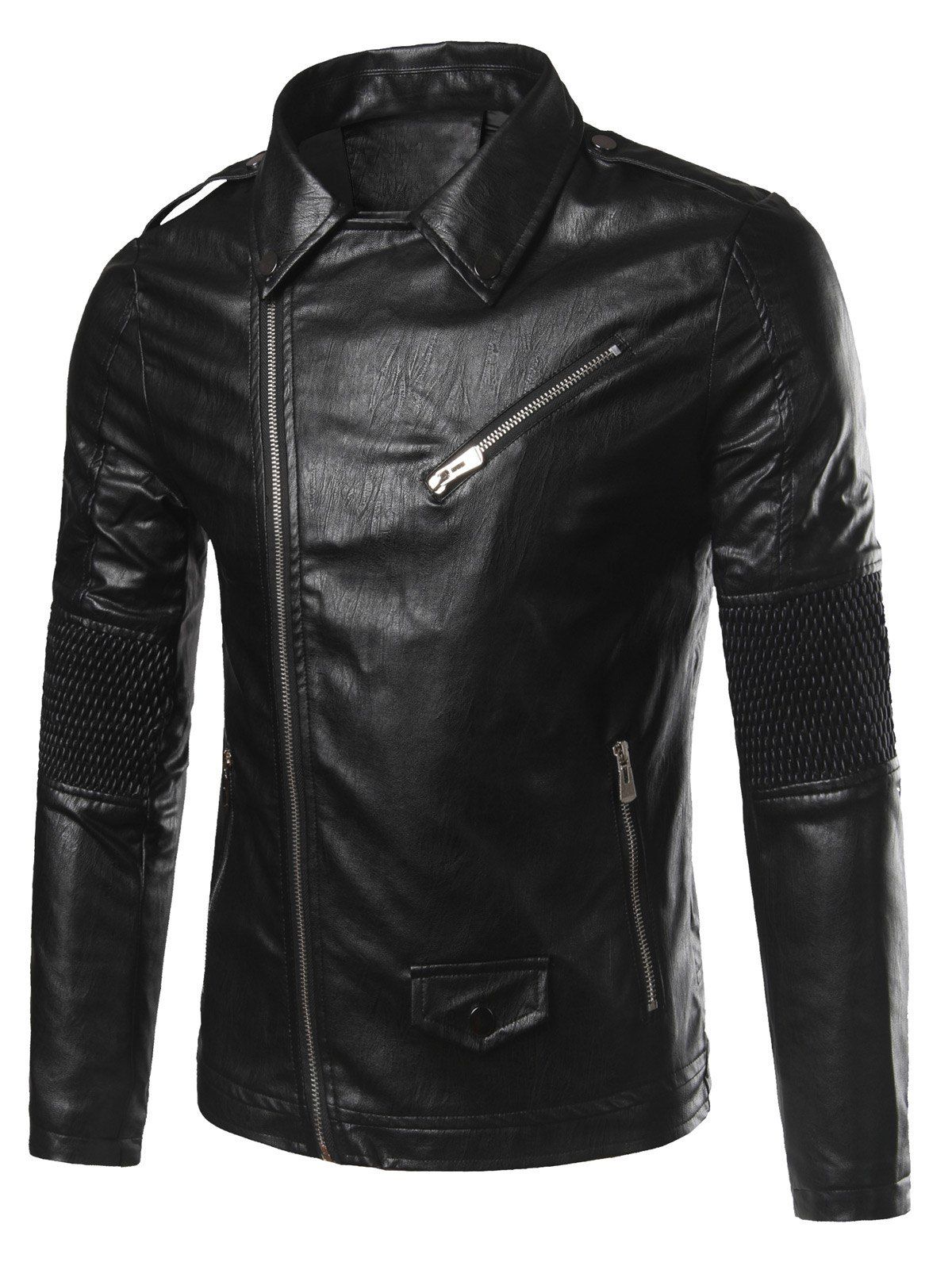 

Zip-Up Pocket Embellished Plus Size Faux Leather Jacket, Black
