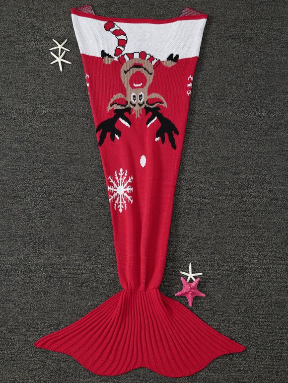 Couverture Queue de Sirène Tricotée Haute Qualité Motif Élan de Noël - Rouge 