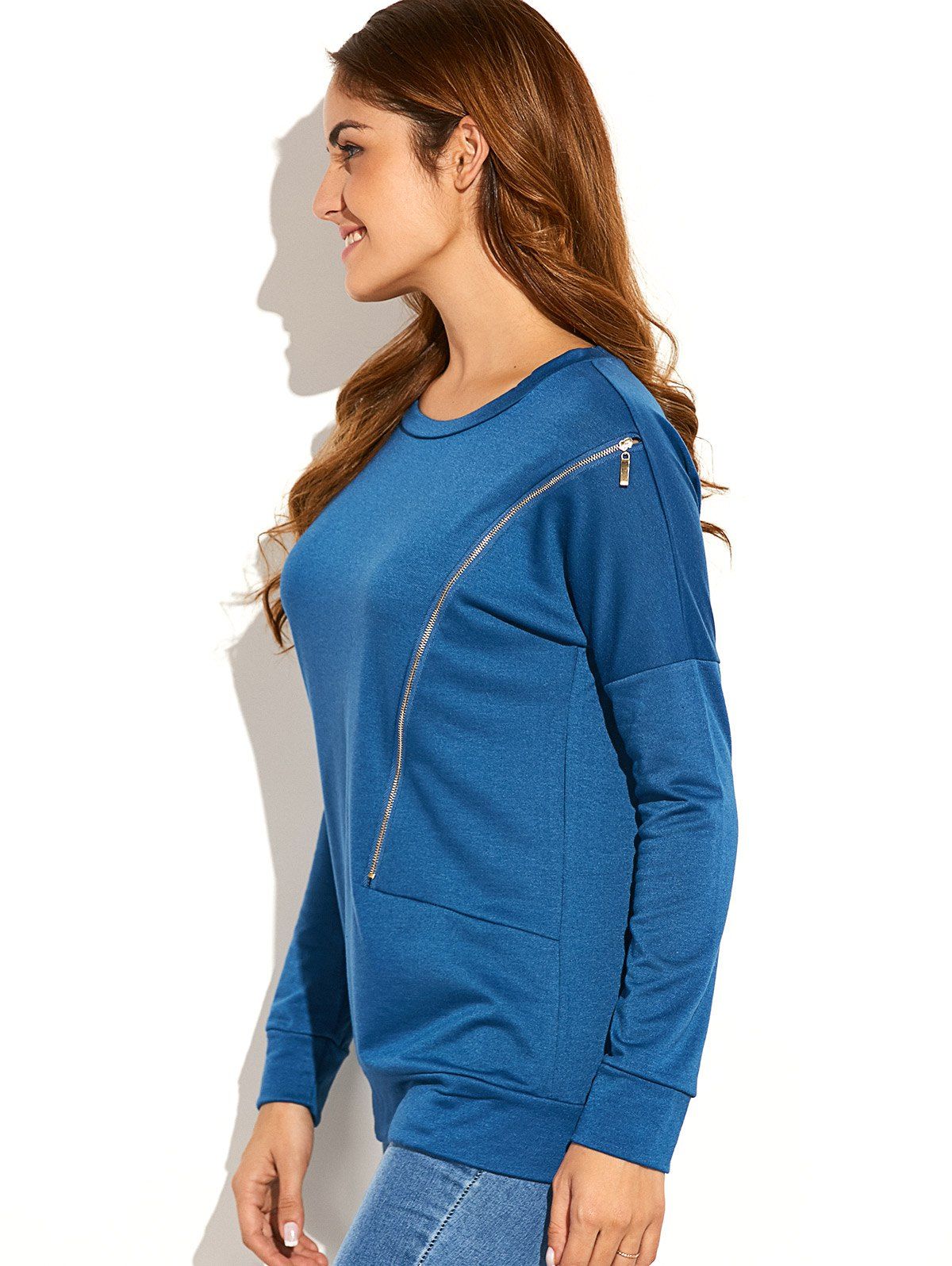 [32% OFF] 2021 Side Zip Up Pullover Sweatshirt In PEACOCK BLUE | DressLily