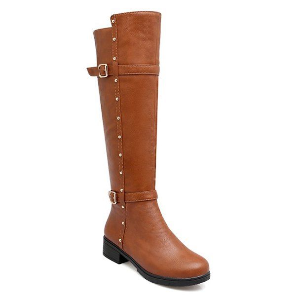 

Zipper Studded Double Buckle Knee High Boots, Brown