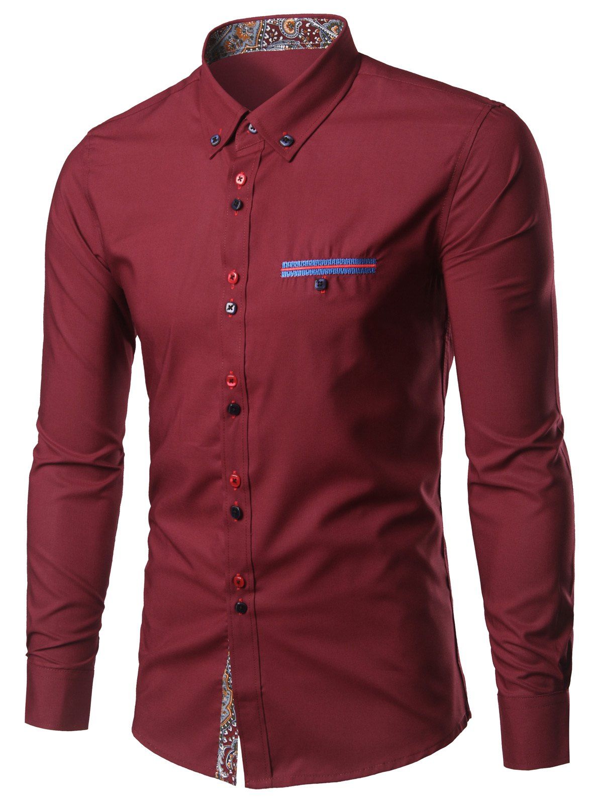 

Stripe Pocket Double Buttons Plus Size Button Down Shirt, Wine red
