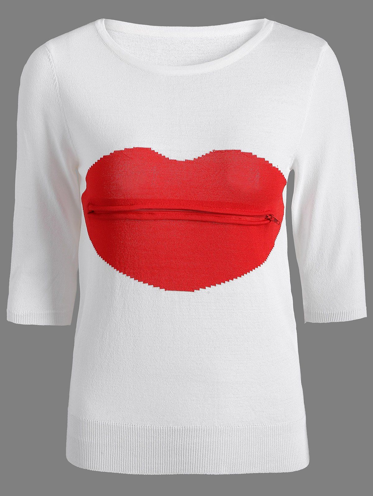

Jewel Neck Lips Patch Knitwear, White