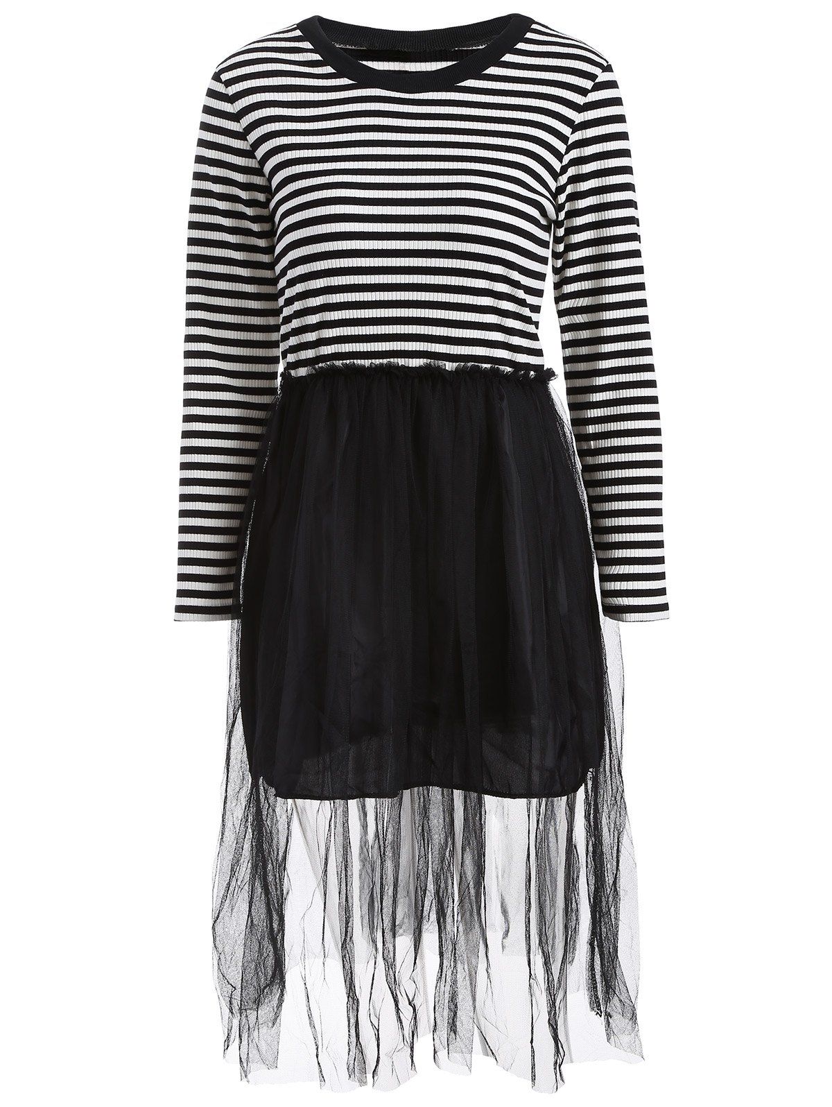 

Mesh Spliced Striped Faux Twinset Sweater Dress, Black