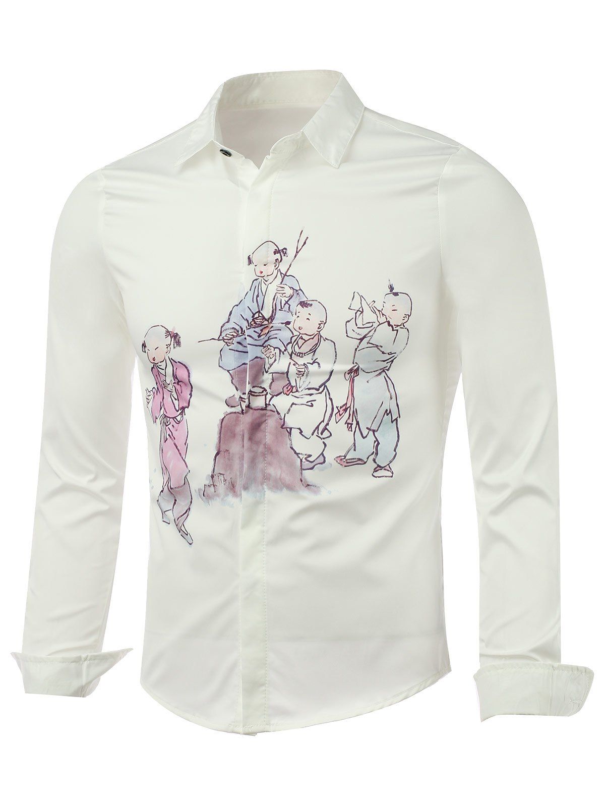 

Button Up Long Sleeve Shirt with Chinese Painting, White