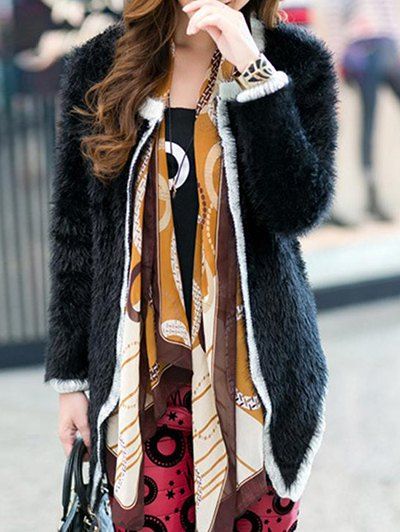 

Fuzzy Open-Front Contrast Cardigan, Black