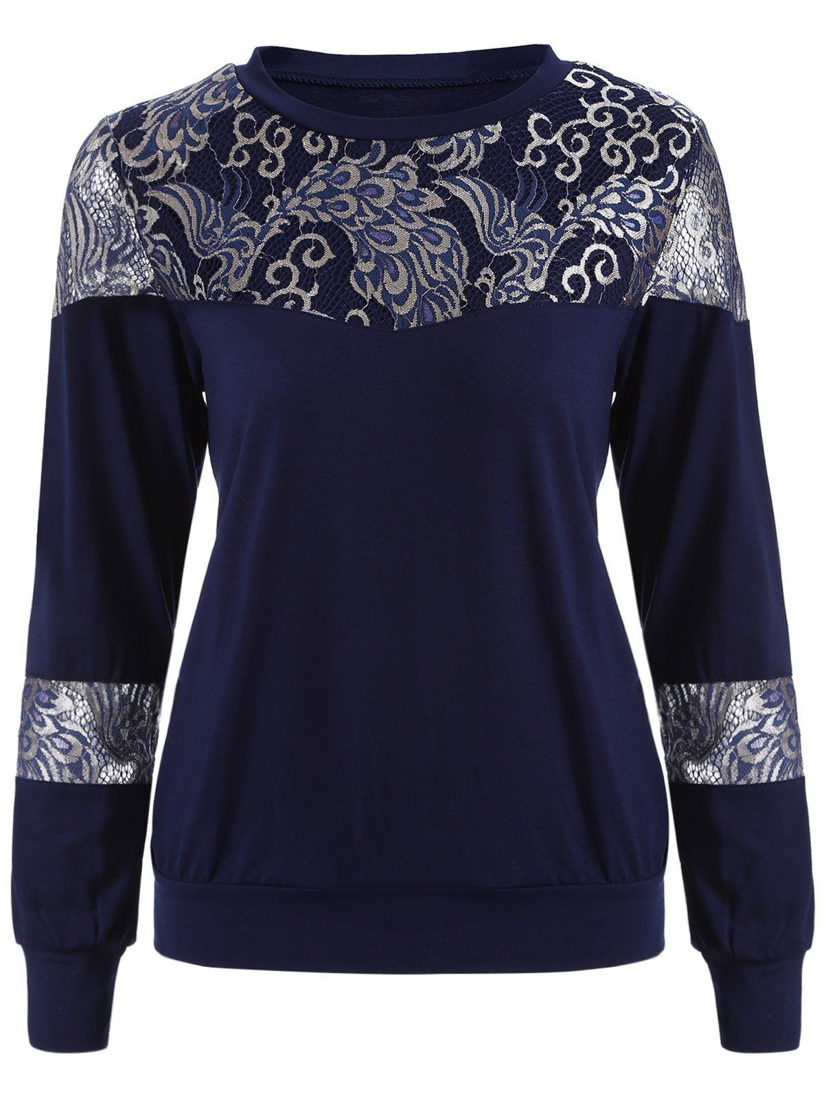 

Loose Embroidered Lace Spliced Tee, Purplish blue