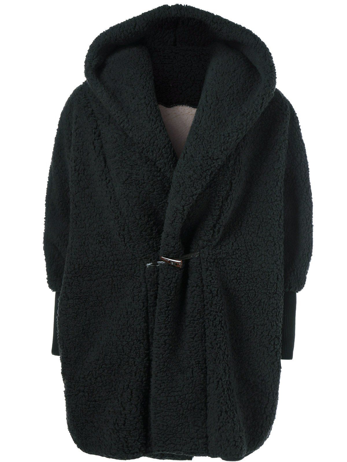 One Button Fuzzy Hooded Coat - BLACK ONE SIZE