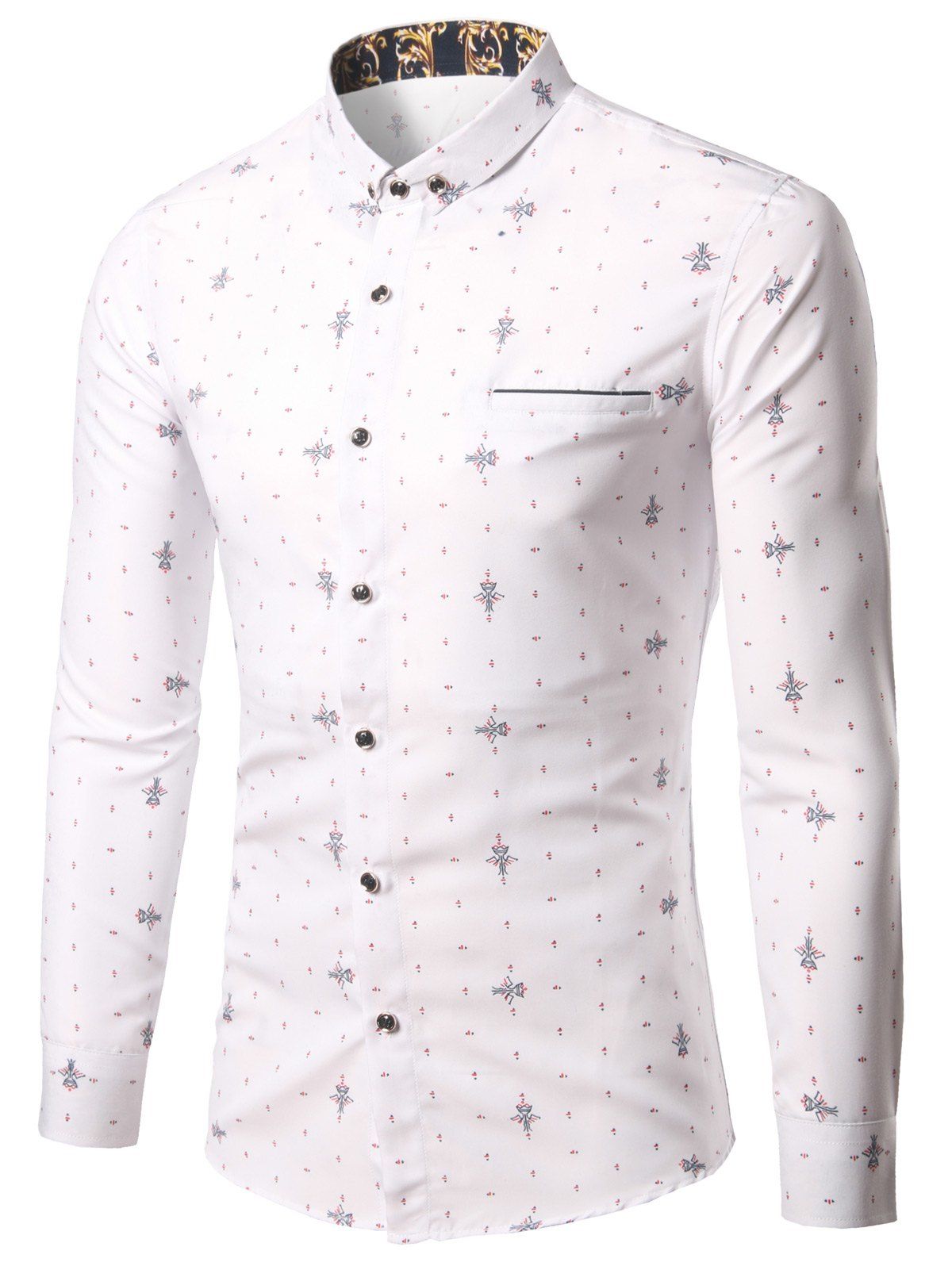 

Geometric Print Turn-Down Collar Pocket Plus Size Shirt, White