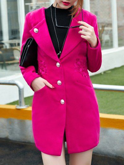

Pocket Button Coat with Lace Applique, Rose red