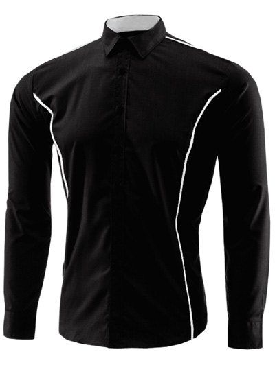 

Edge Contrast Color Turn-Down Collar Long Sleeve Shirt, Black