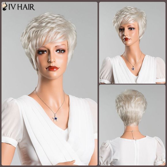 Perruque de Cheveux Humain Courte Droite Superposée Frange Oblique - Blanc Chaud 