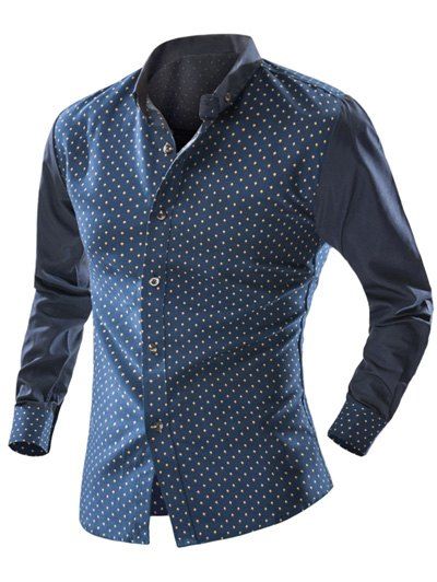 

Button-Down Polka Dot Printed Long Sleeve Shirt, Cadetblue
