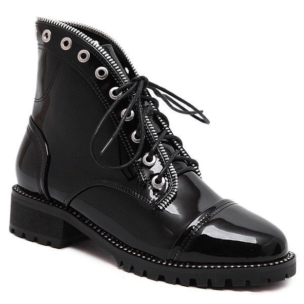 

Tie Up Patent Leather Eyelets Ankle Boots, Black