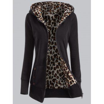 [17% OFF] 2021 Plus Size Leopard Pattern Fur-Lined Coat In BLACK