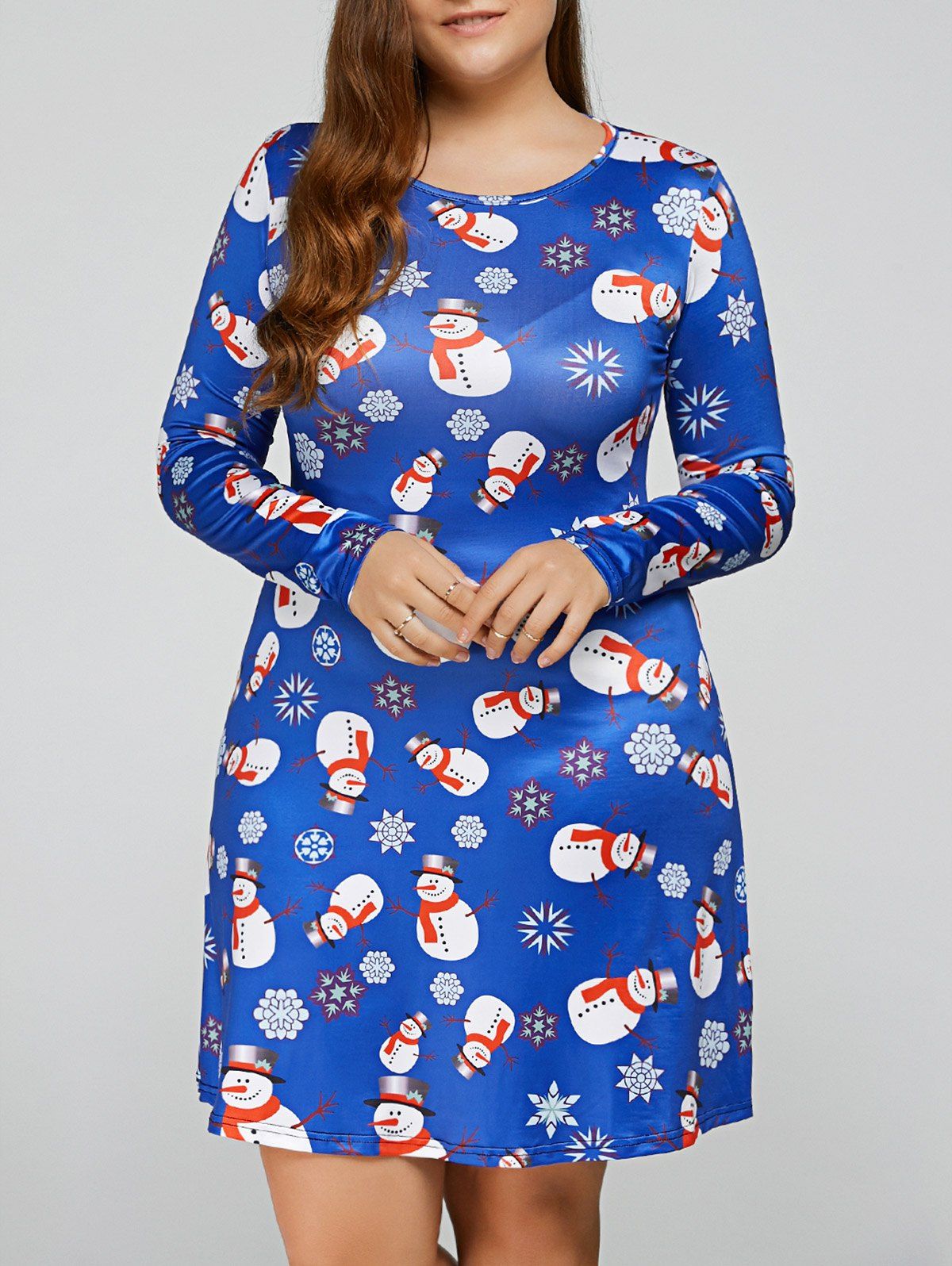 Christmas Snowman Print Long Sleeves Ugly Swing Dress - BLUE M