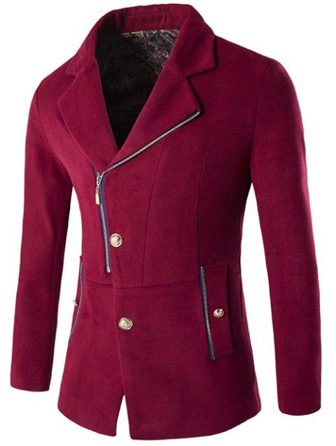 [93% OFF] 2019 Lapel Collar Zip + Button Fly Wool Blend Coat In WINE ...
