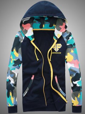 Hooded Camouflage Splicing Embroidered Zip-Up Hoodie