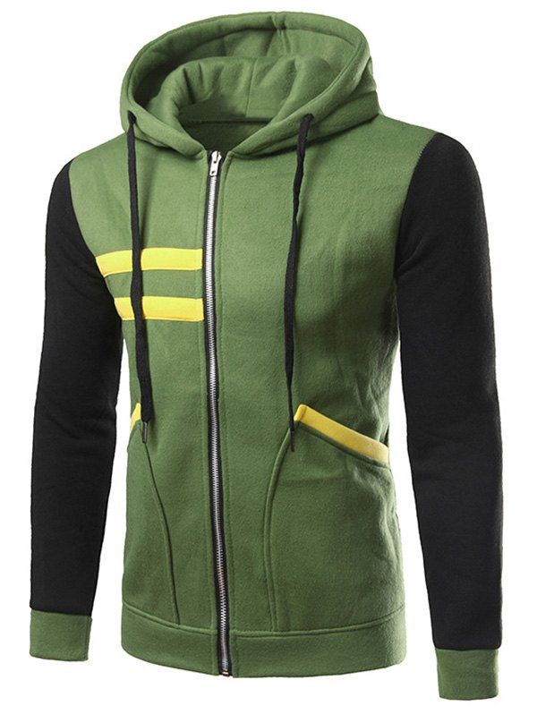 

Drawstring Contrast Insert Zippered Hoodie, Green