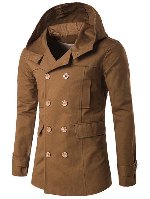 

Double Breasted Splicing Hooded Wind Coat, Camel