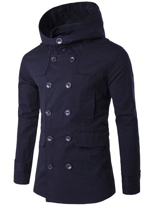 

Double Breasted Splicing Hooded Wind Coat, Cadetblue