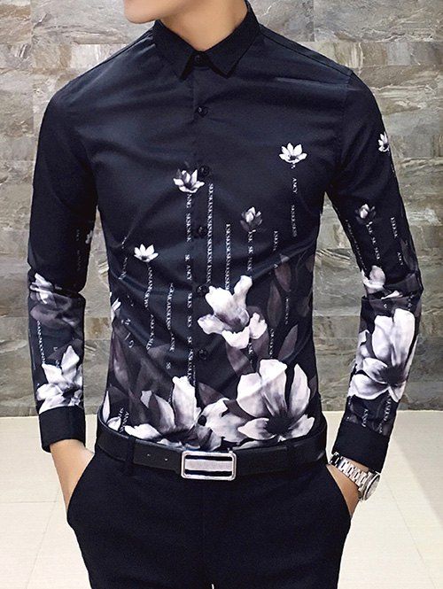 

Flower Print Turn Down Collar Shirt, Black